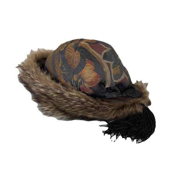 VTG 90s Von Henneberg Silk Brocade Tapestry Fur Lined Hat Artsy Handmade S/M main image 16